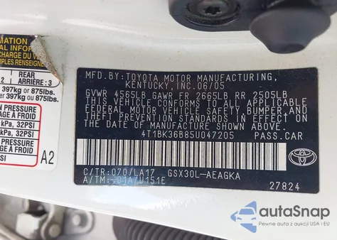 2005 Toyota Avalon Xls z USA, uszkodzony, nr VIN 4T1BK36B85U047205